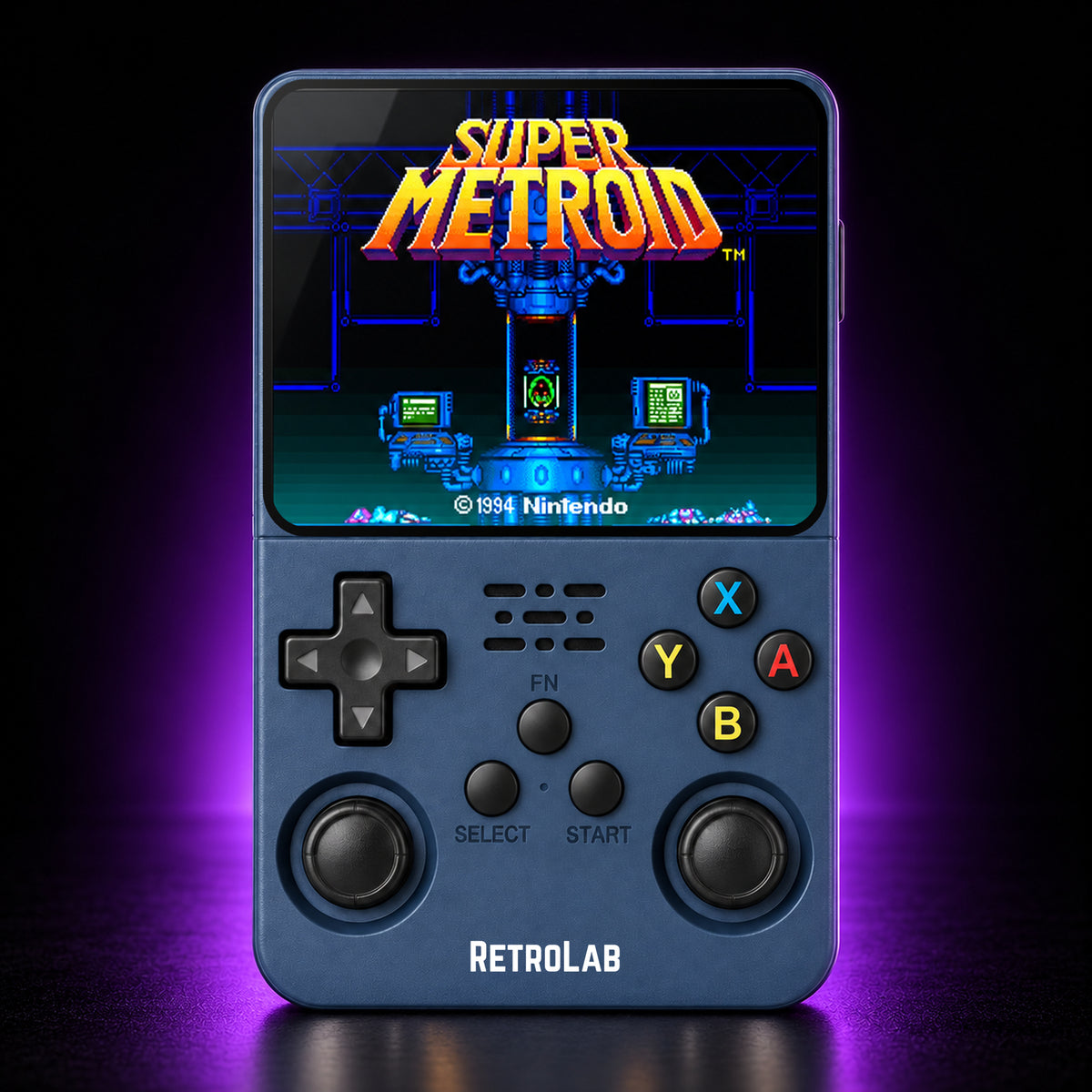 Charcoal RetroLab console displaying Super Metroid