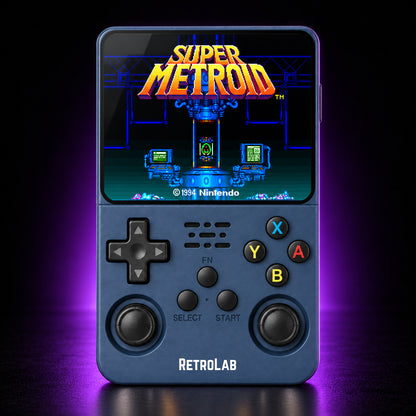 Charcoal RetroLab console displaying Super Metroid