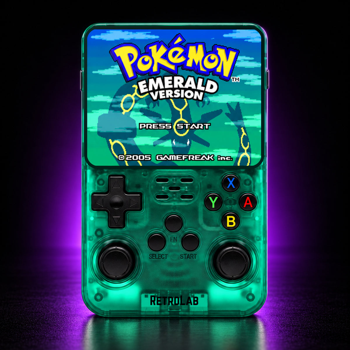 Green RetroLab console displaying Pokémon Emerald