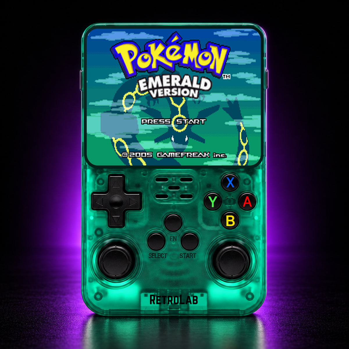 Green RetroLab console displaying Pokémon Emerald