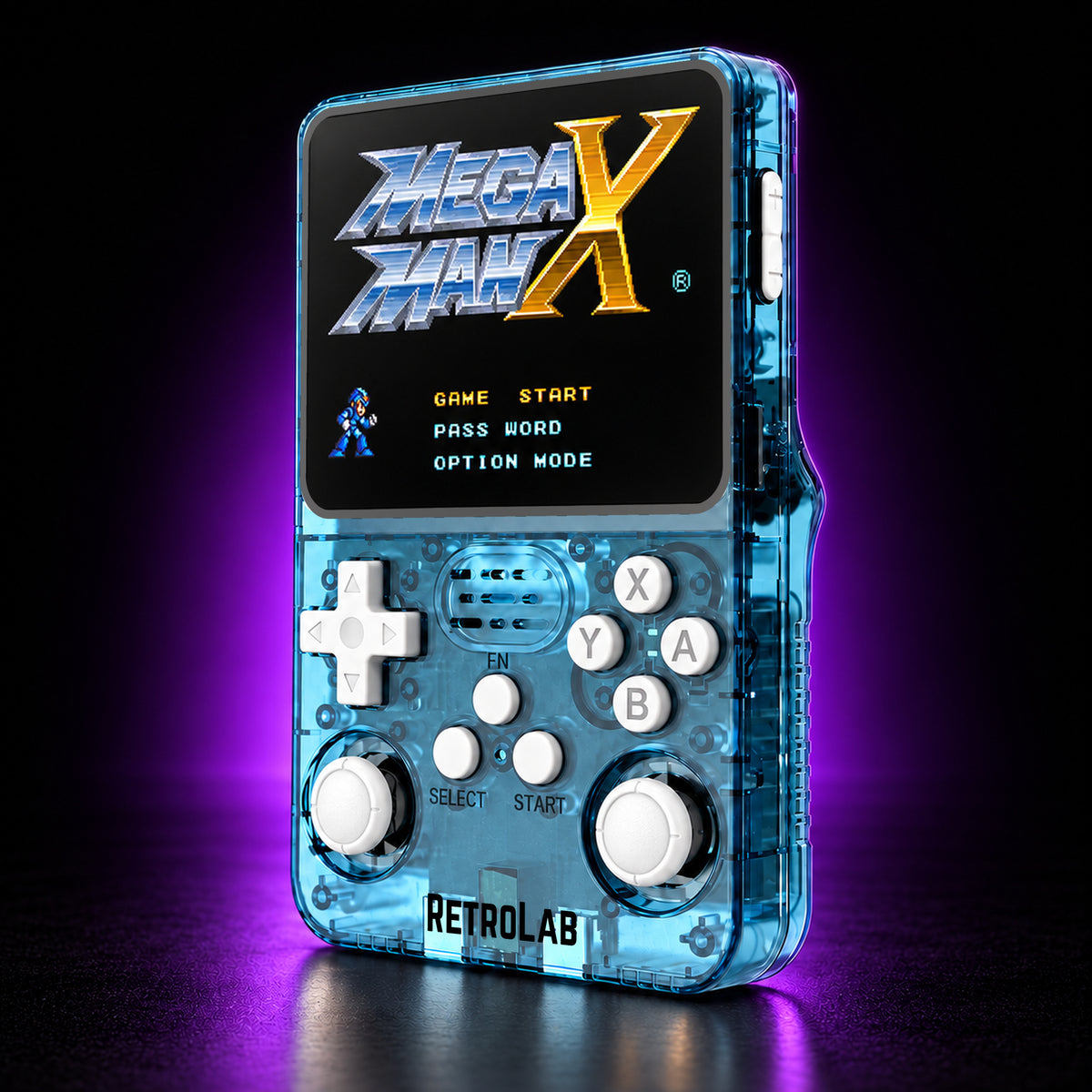 Light Blue RetroLab console displaying Mega Man X