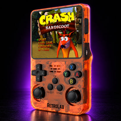Orange RetroLab console displaying Crash Bandicoot