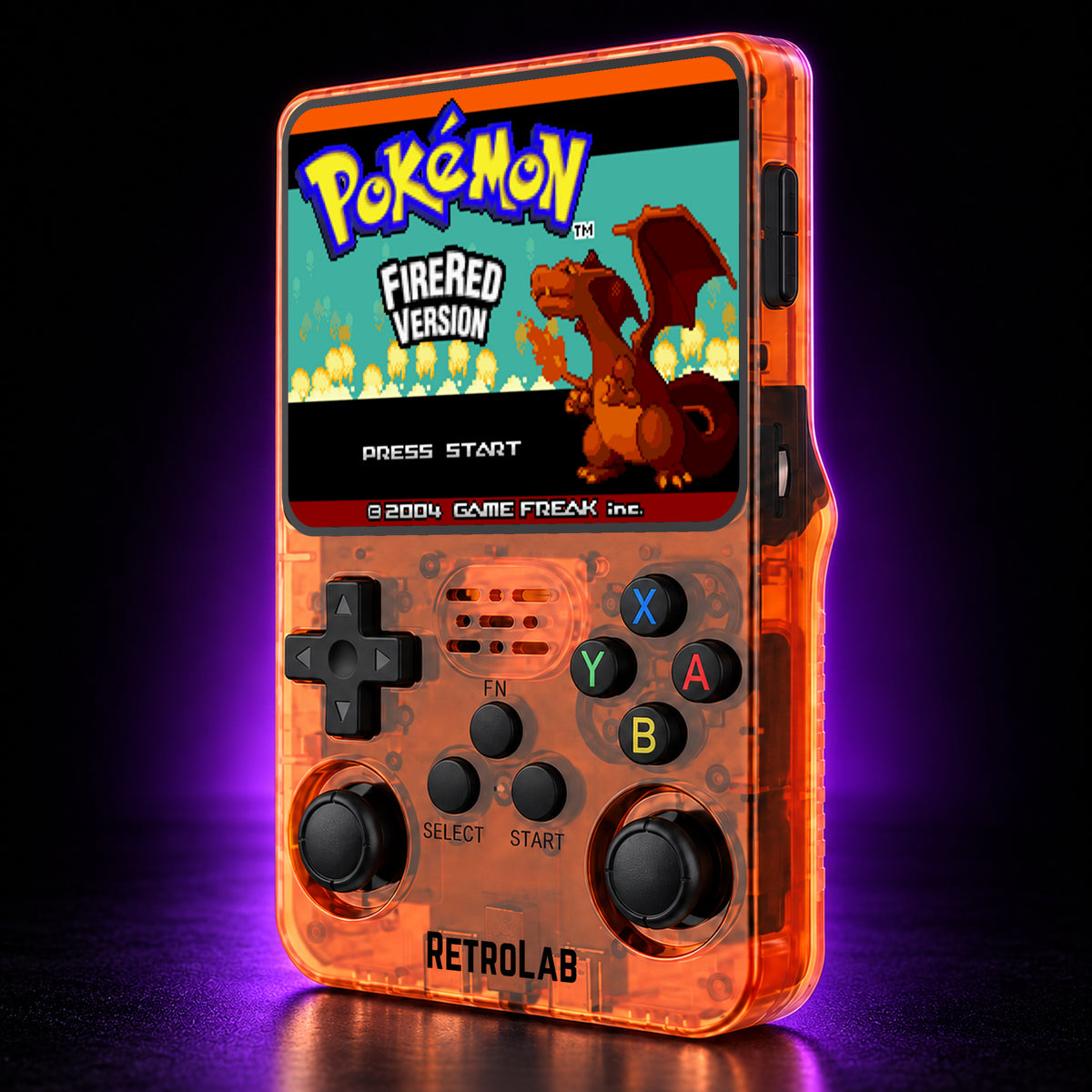 Orange RetroLab console displaying Pokémon FireRed