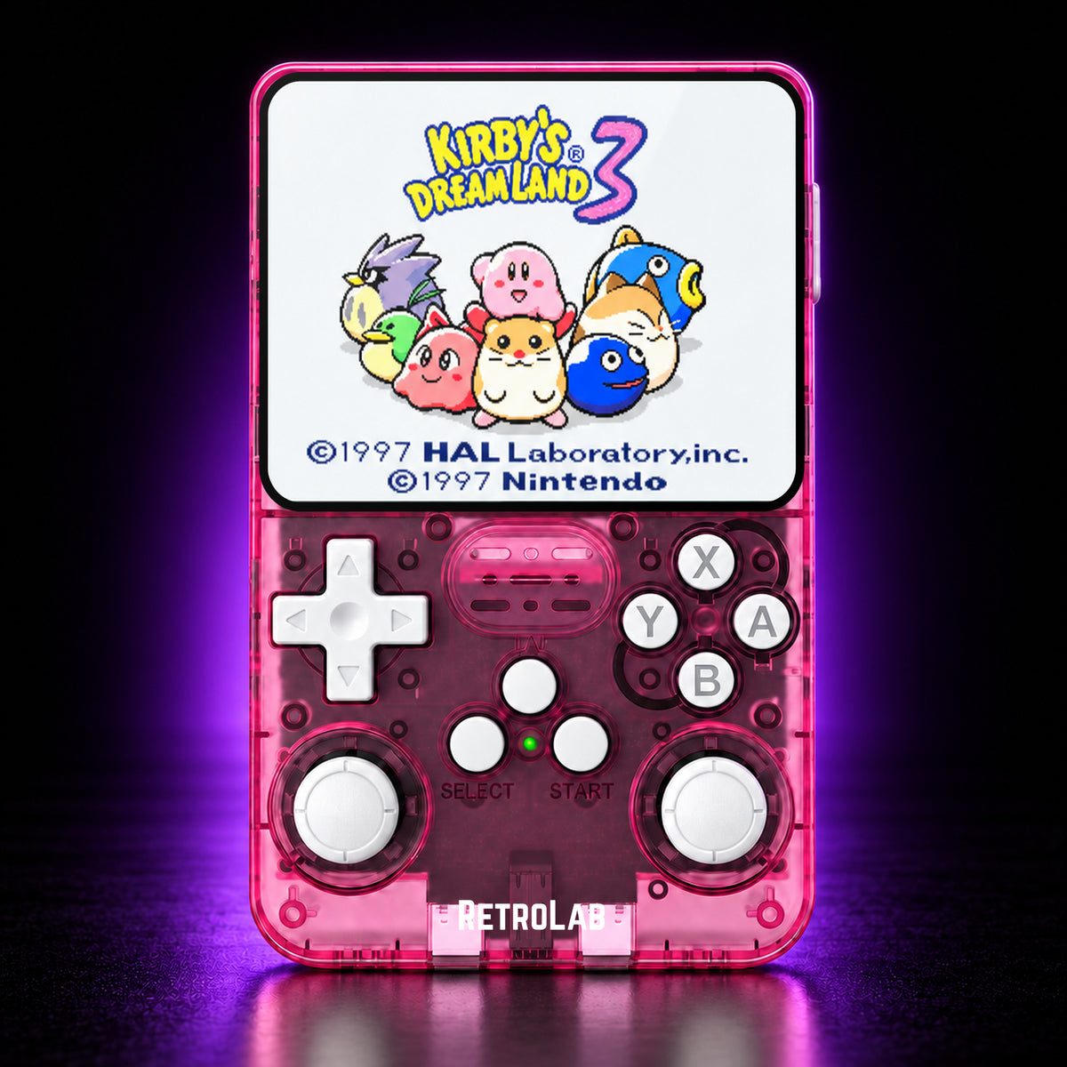 Pink RetroLab console displaying Kirby's Dream Land 3