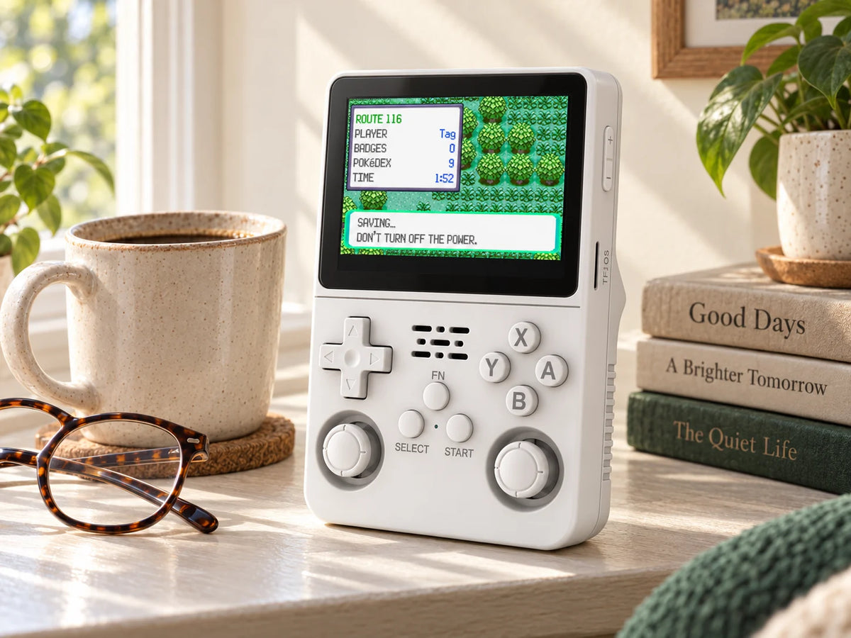 White RetroLab console showing a Pokémon save menu beside a mug and books.