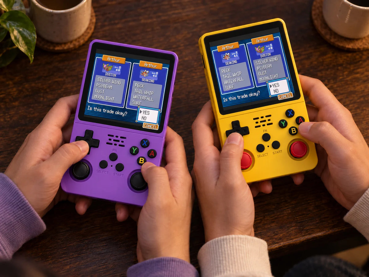 Purple and yellow RetroLab consoles showing Pokémon trade confirmation screens.