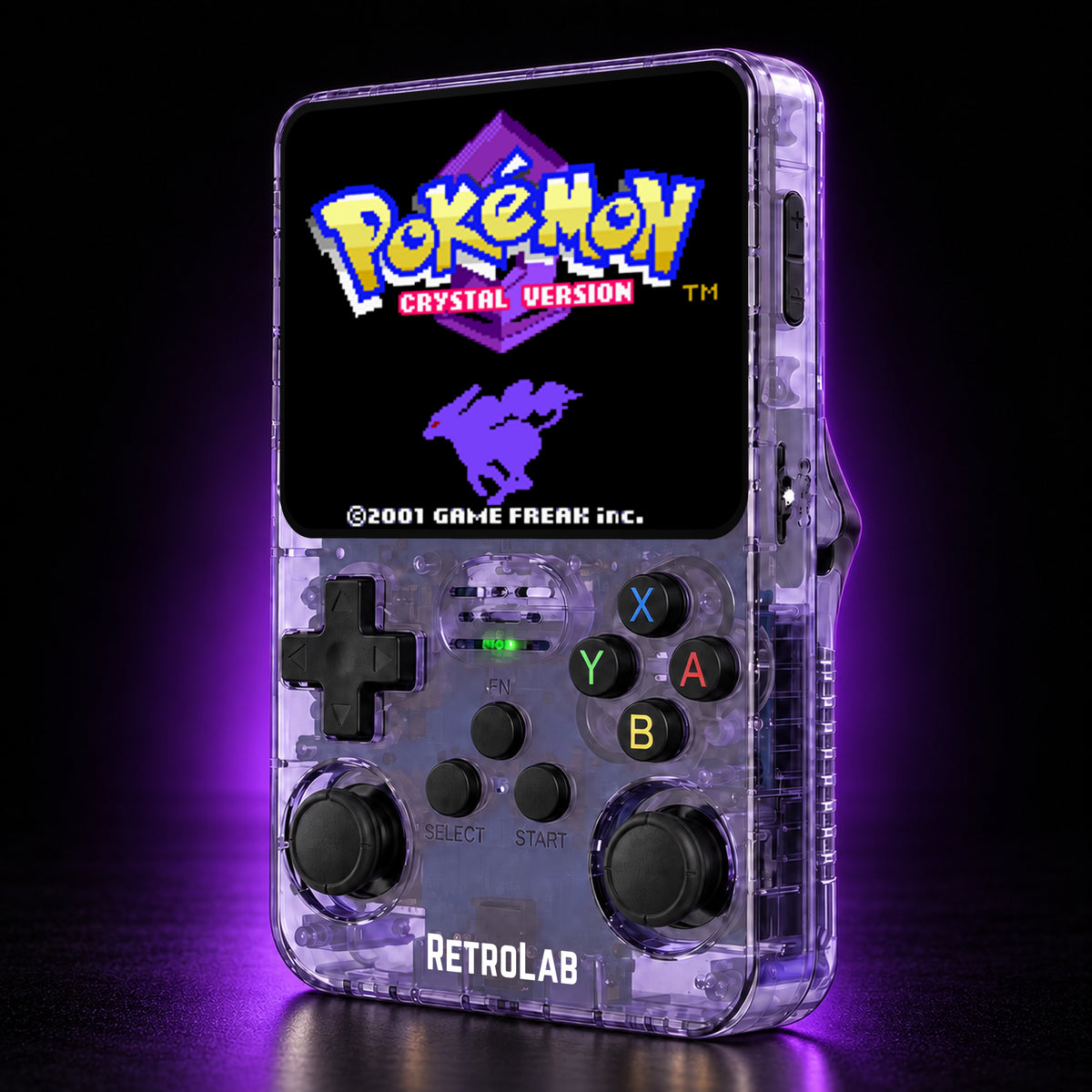 Purple RetroLab console displaying Pokémon Crystal