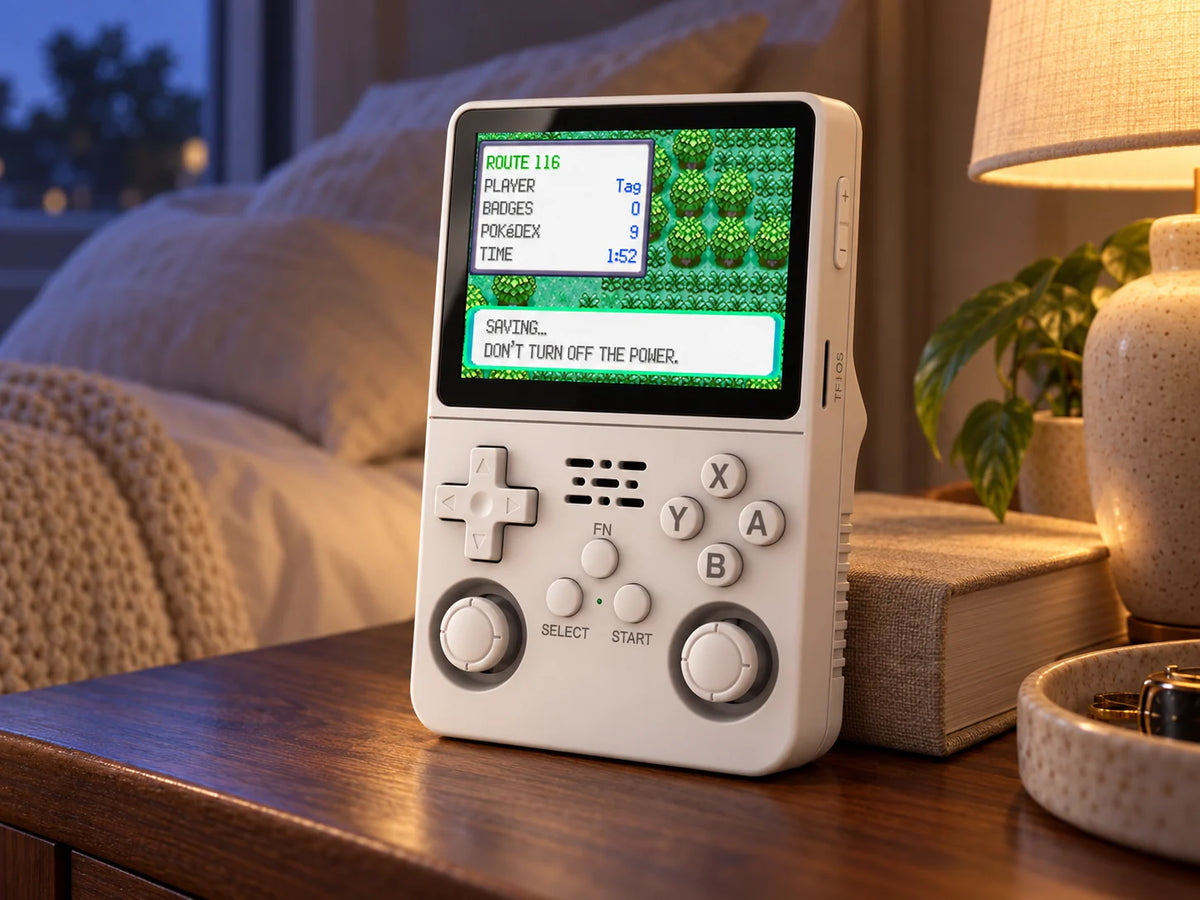 White RetroLab console showing the Pokémon save menu on a bedside table.