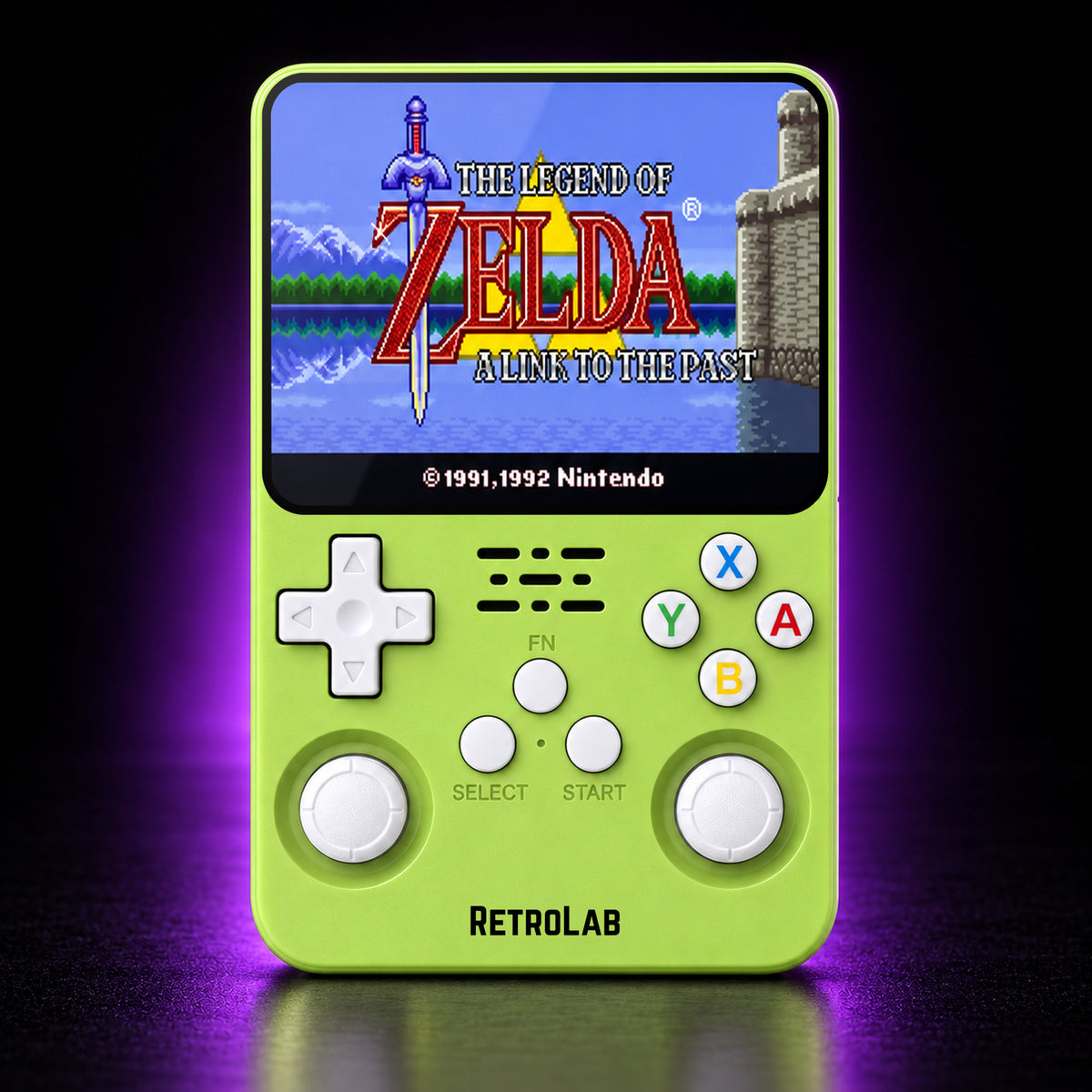 Solid Green RetroLab console displaying The Legend of Zelda: A Link to the Past