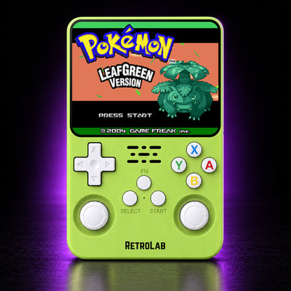 Solid Green RetroLab console displaying Pokémon LeafGreen