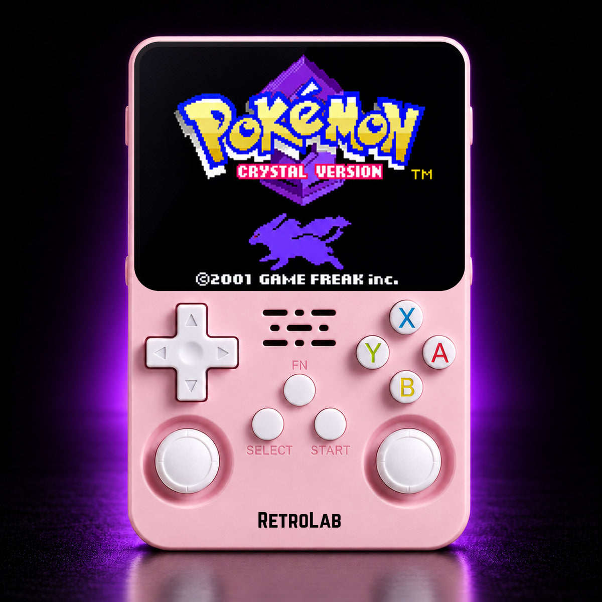 Solid Pink RetroLab console displaying Pokémon Crystal