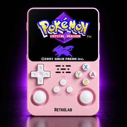 Solid Pink RetroLab console displaying Pokémon Crystal