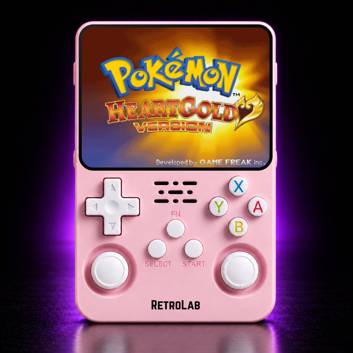 Solid Pink RetroLab console displaying Pokémon HeartGold