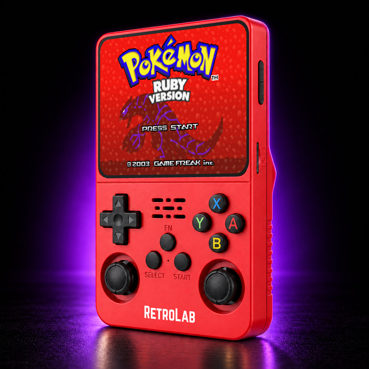 Solid Red RetroLab console displaying Pokémon Ruby