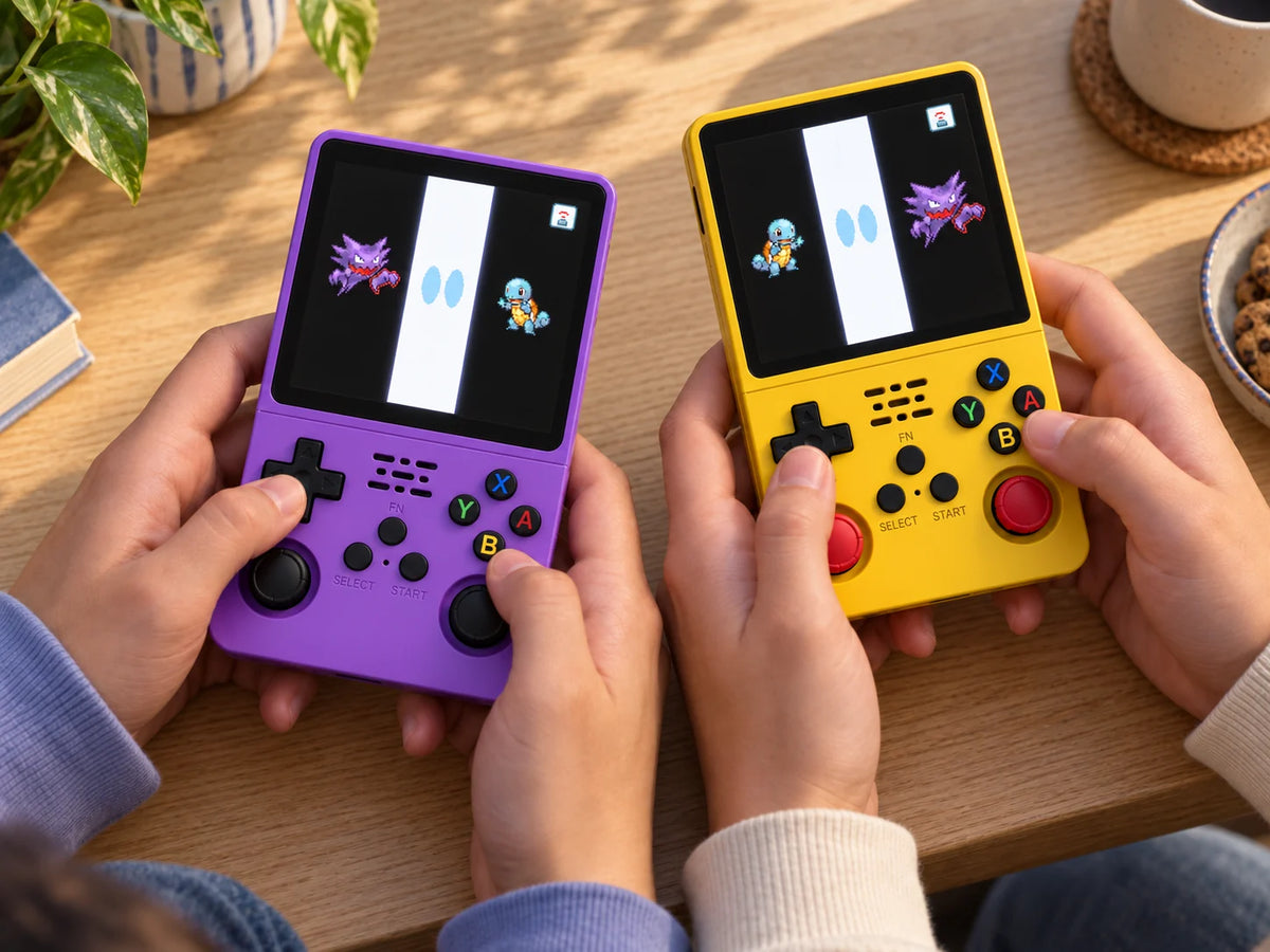 Two RetroLab consoles showing a Pokémon FireRed trade animation.