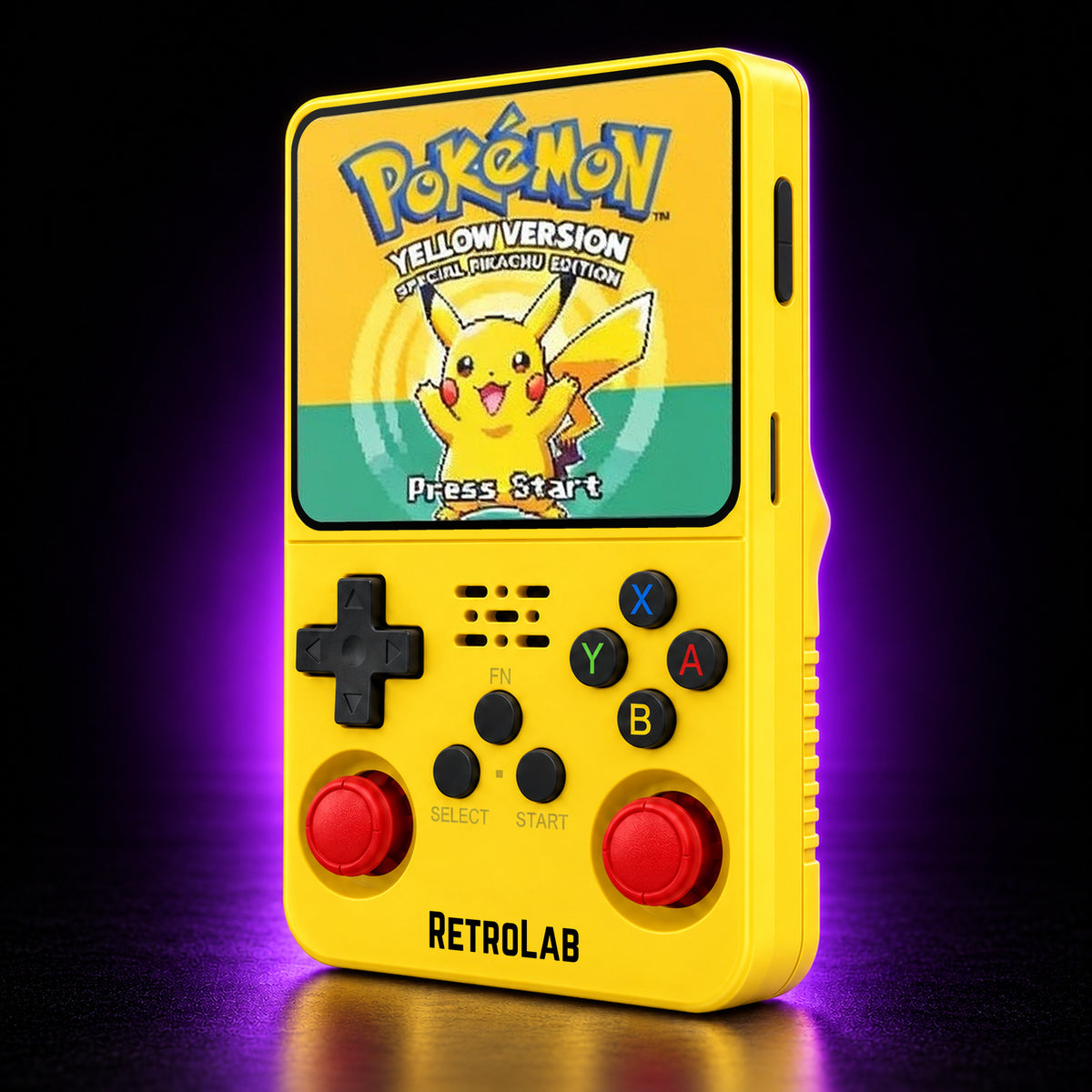 Yellow RetroLab console displaying Pokémon Yellow